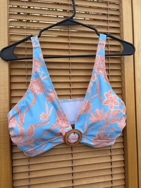 Blue & Coral Floral Bikini Top with Decorative Ring